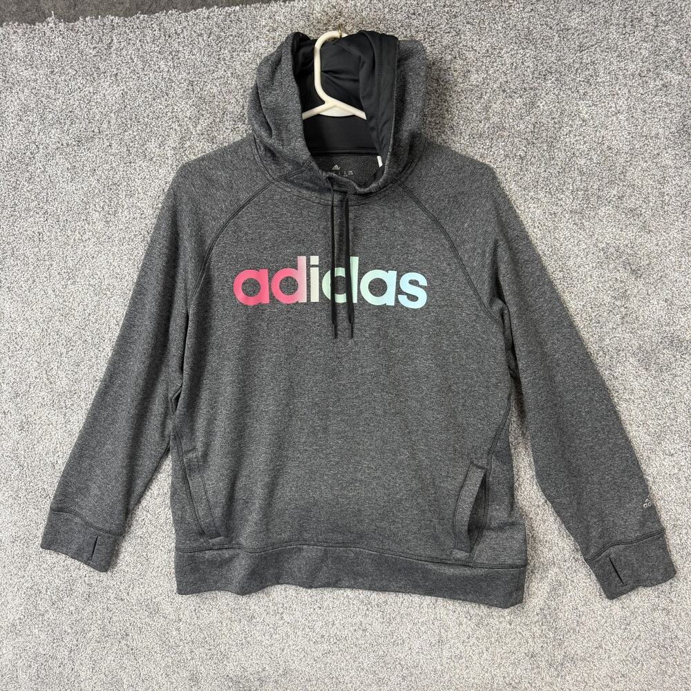 Adidas‎ Hoodie Womens XL Gray Climawarm Fleece Pullover Rainbow Logo Athleisure